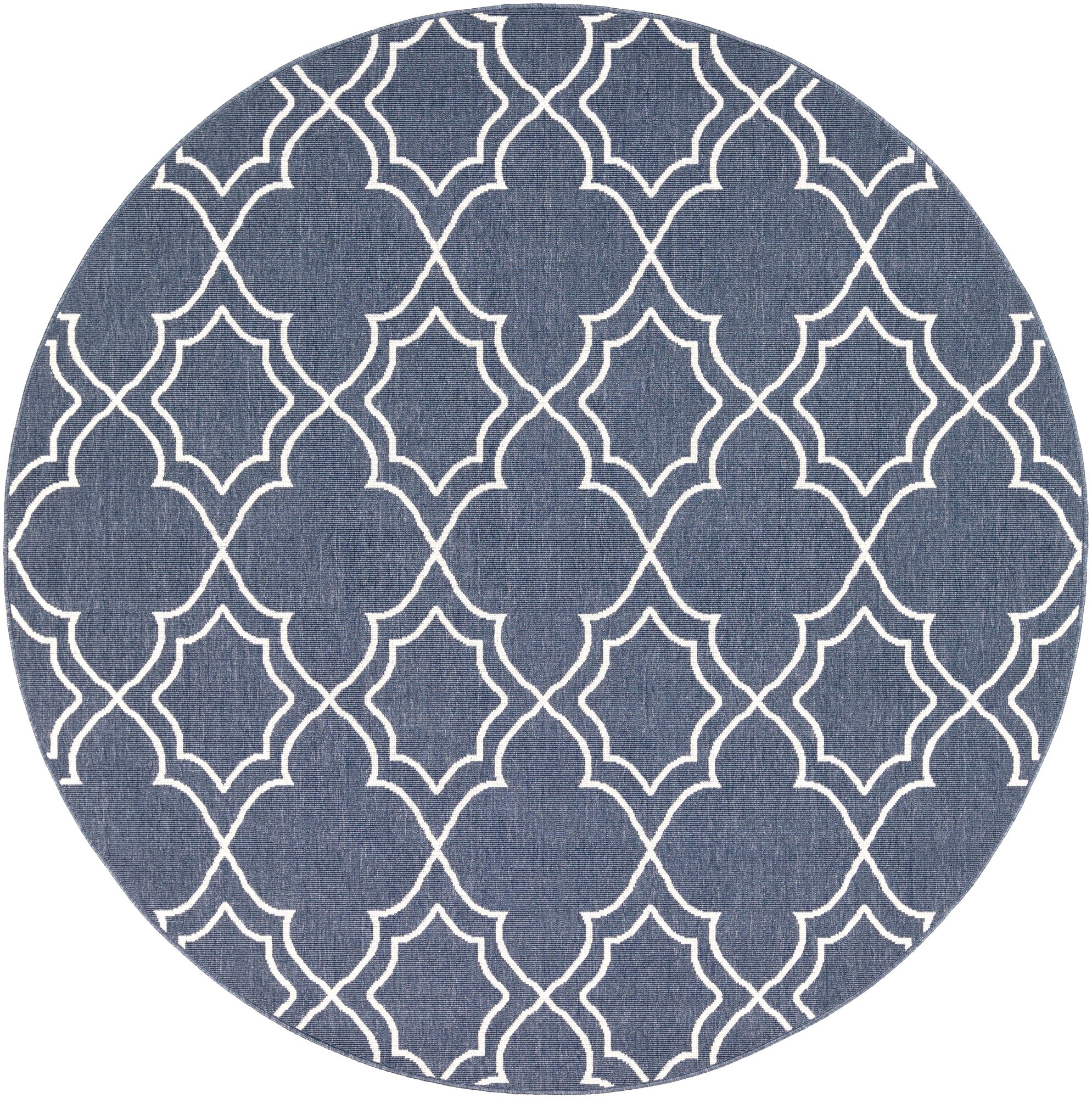 7.25' Charcoal Blue and White Trellis Patterned Round Area Throw Rug