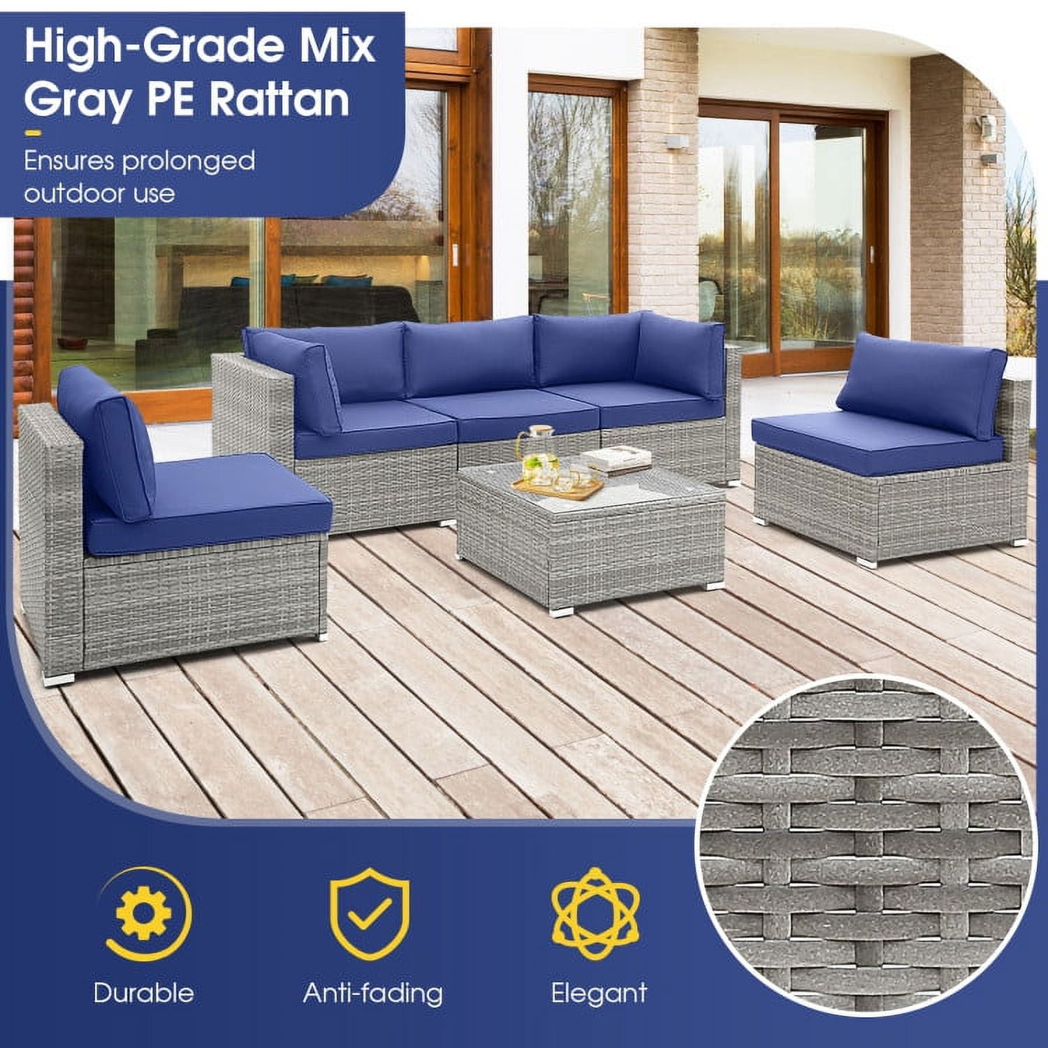 Aimee Lii 6 Piece Patio Conversation Sofa Set with Tempered Glass Coffee Table, Outdoor Patio Set, Navy