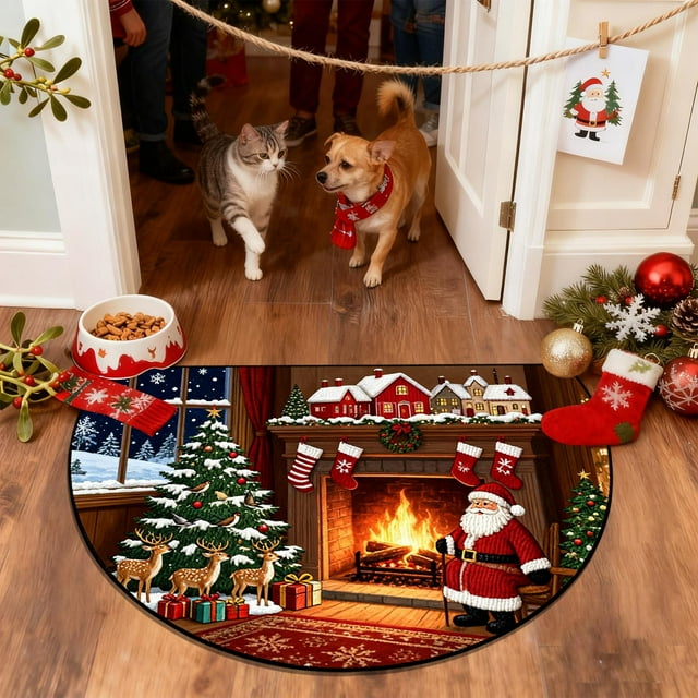 Uklsqma Christmas Non-Slip Entrance Door Mat | Semicircle Absorbent Polyester Floor Rug | Dirt Proof Cushion Kitchen Bathroom Rug | Holiday Decor for Entryway Porch Laundry Room
