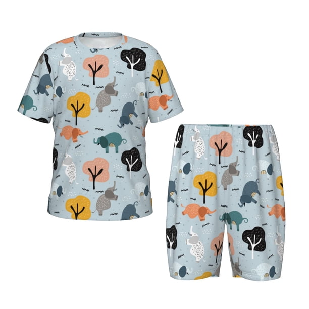 Balery Elephant Tree Conjunto de Pijama Infantil de Manga Corta con Estampado – Ropa de Dormir de Algodón Suave-Large