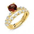 thumbnail image 2 of Gem Stone King 18K Yellow Gold Plated Silver Red Garnet and White Topaz Wedding Engagement Ring Band Bridal Set for Women (2.86 Cttw, Gemstone January Birthstone, Round 7MM, Size 7), 2 of 4
