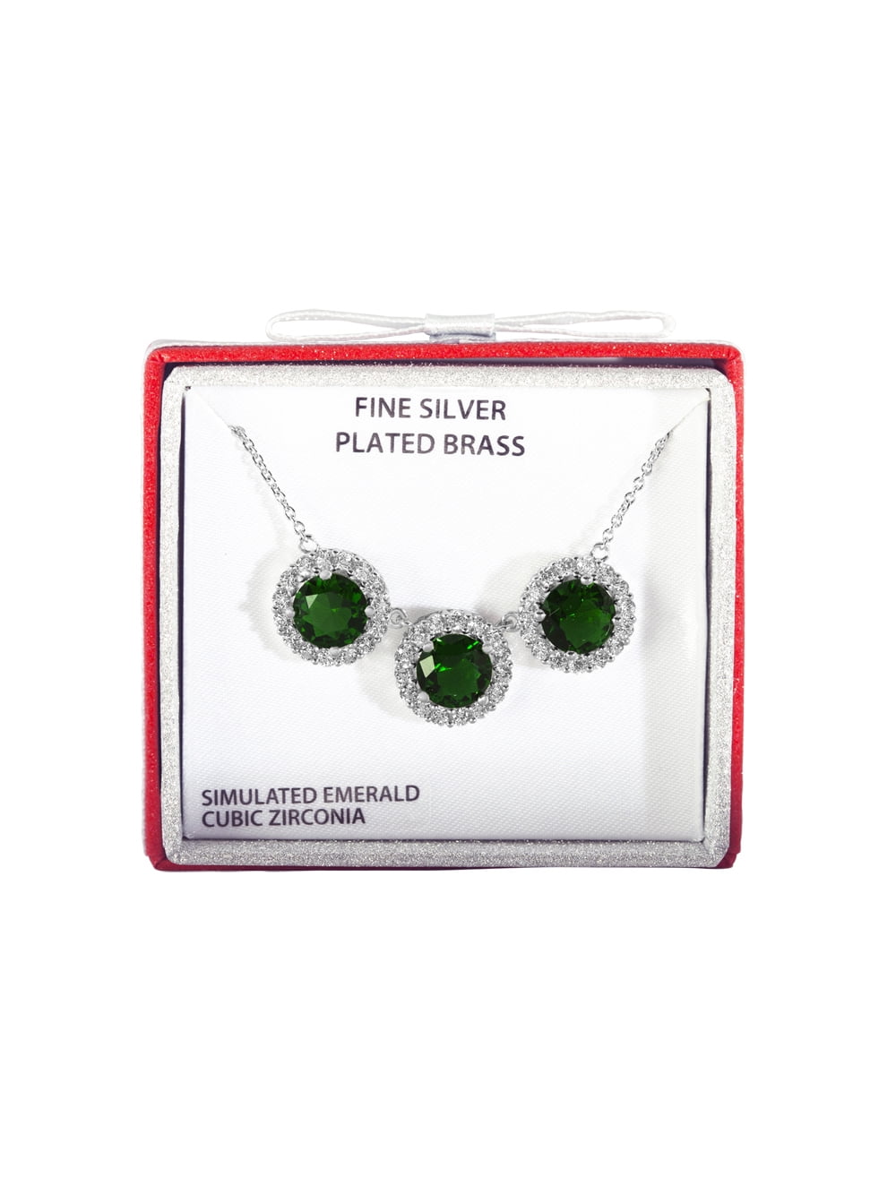 Simulated Emerald and CZ Necklace in Fine Silver Plated Brass, 18"