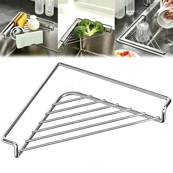 Triangle Corner Sink Dish Drying Rack, Stainless Steel Drain Shelf for Sponges & Utensils, 1pk