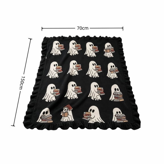 Wooowa Halloween Ghost Reading Book Knit Throw Blanket Ruffle 50x60 Inch for Sofa Bed Couch Cozy Fall Home Decor