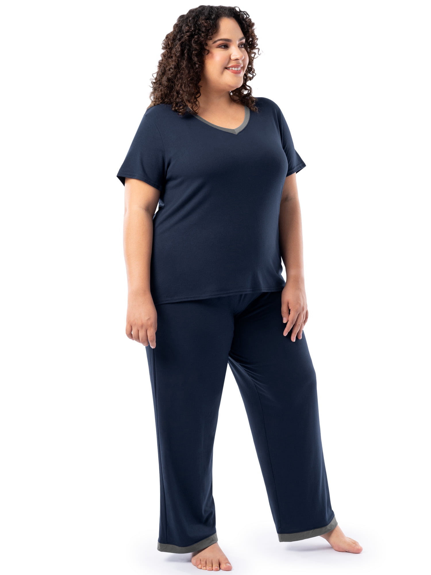 Fruit of the Loom Women's Soft & Breathable V-Neck Short Sleeve Top & Pajama Pant Set, Sizes S-4X