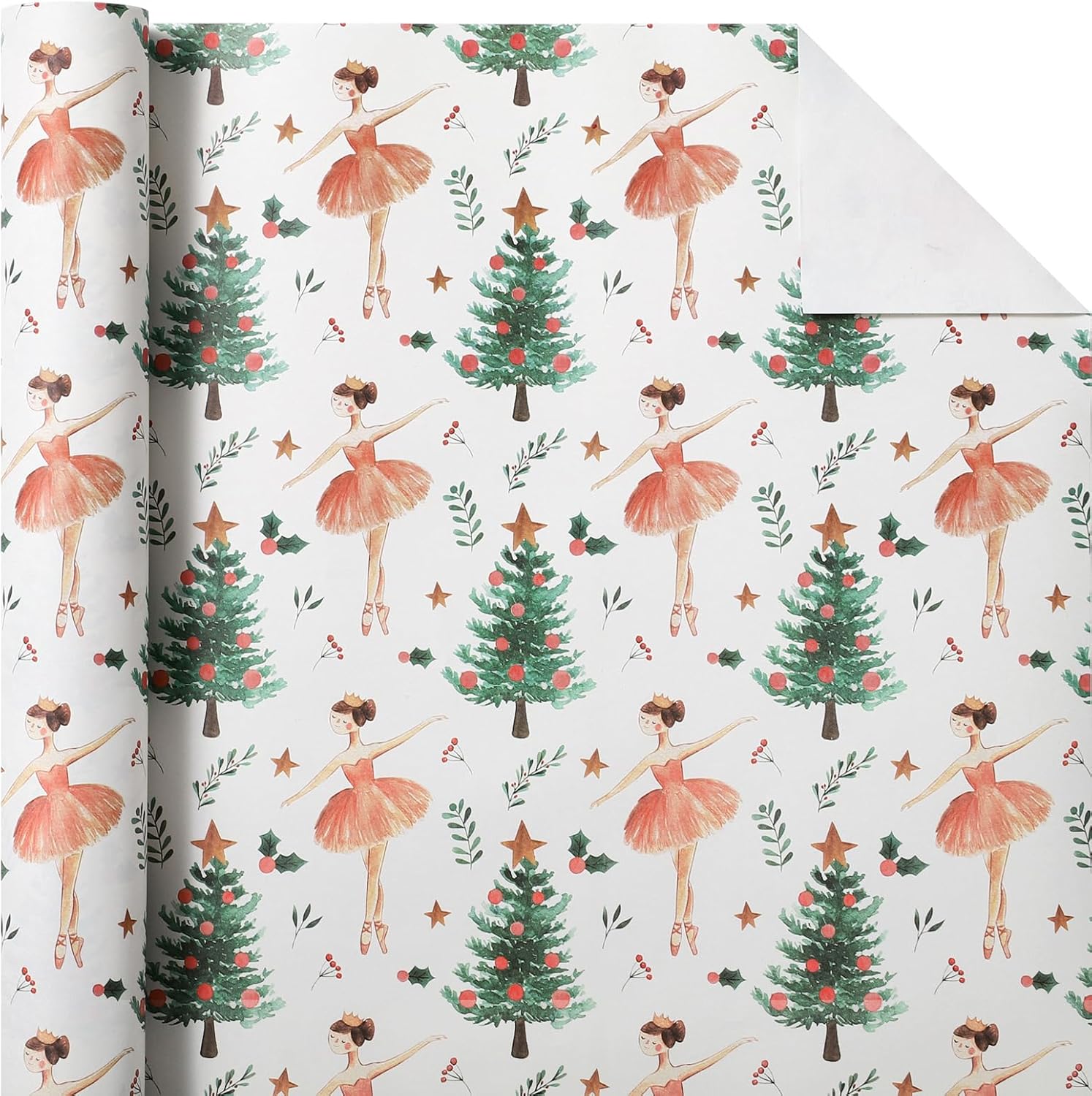 Kraft Christmas Wrapping Paper - Mini Roll - 17 Inch x 33 Feet - Sugar Plum Fairy Wrapping Paper with Christmas Tree Design for Holiday, Party Celebration