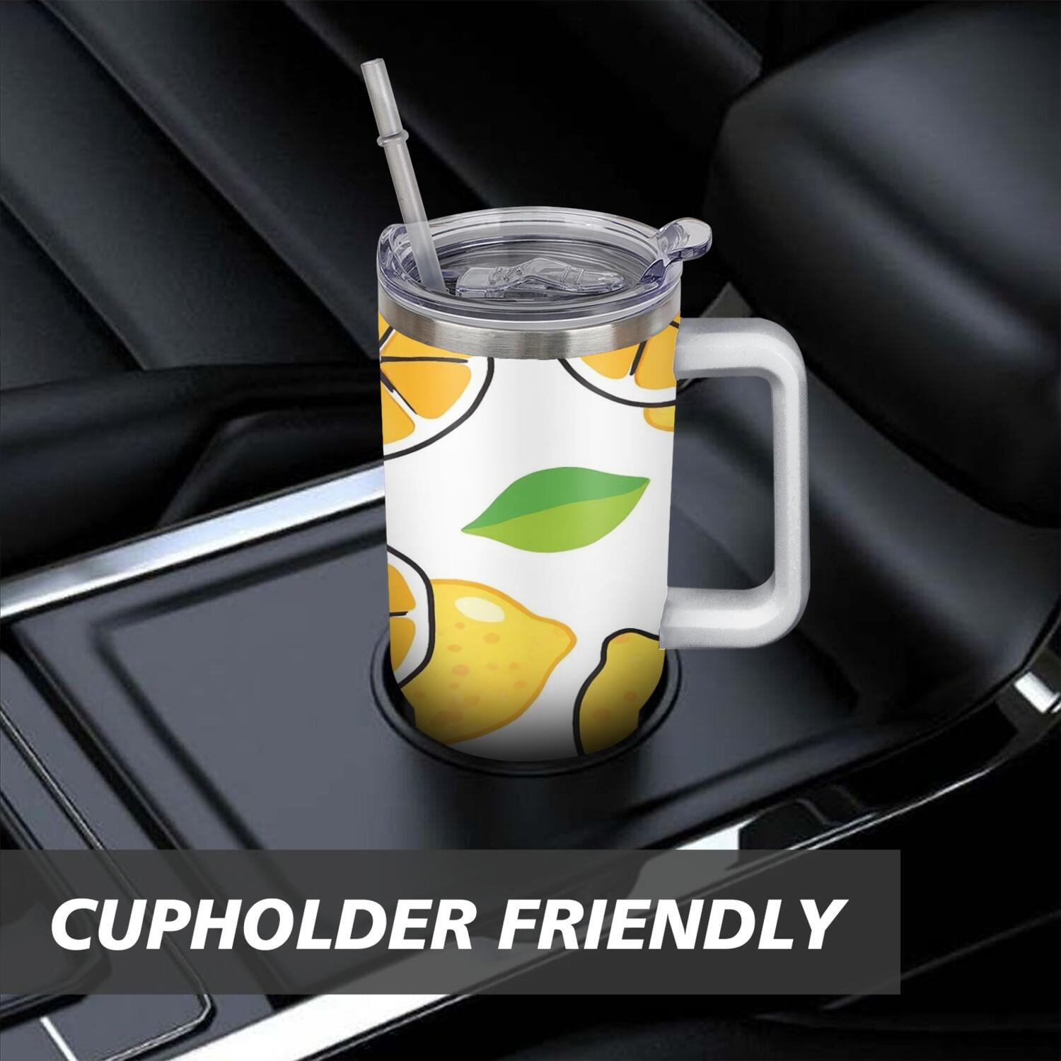 Mug with Handle and Straws 40 oz Stainless Steel Lemon Slices Travel Mug Birthday Present for Men Dad Son Husband Gifts for Him/Her Coffee Mugs
