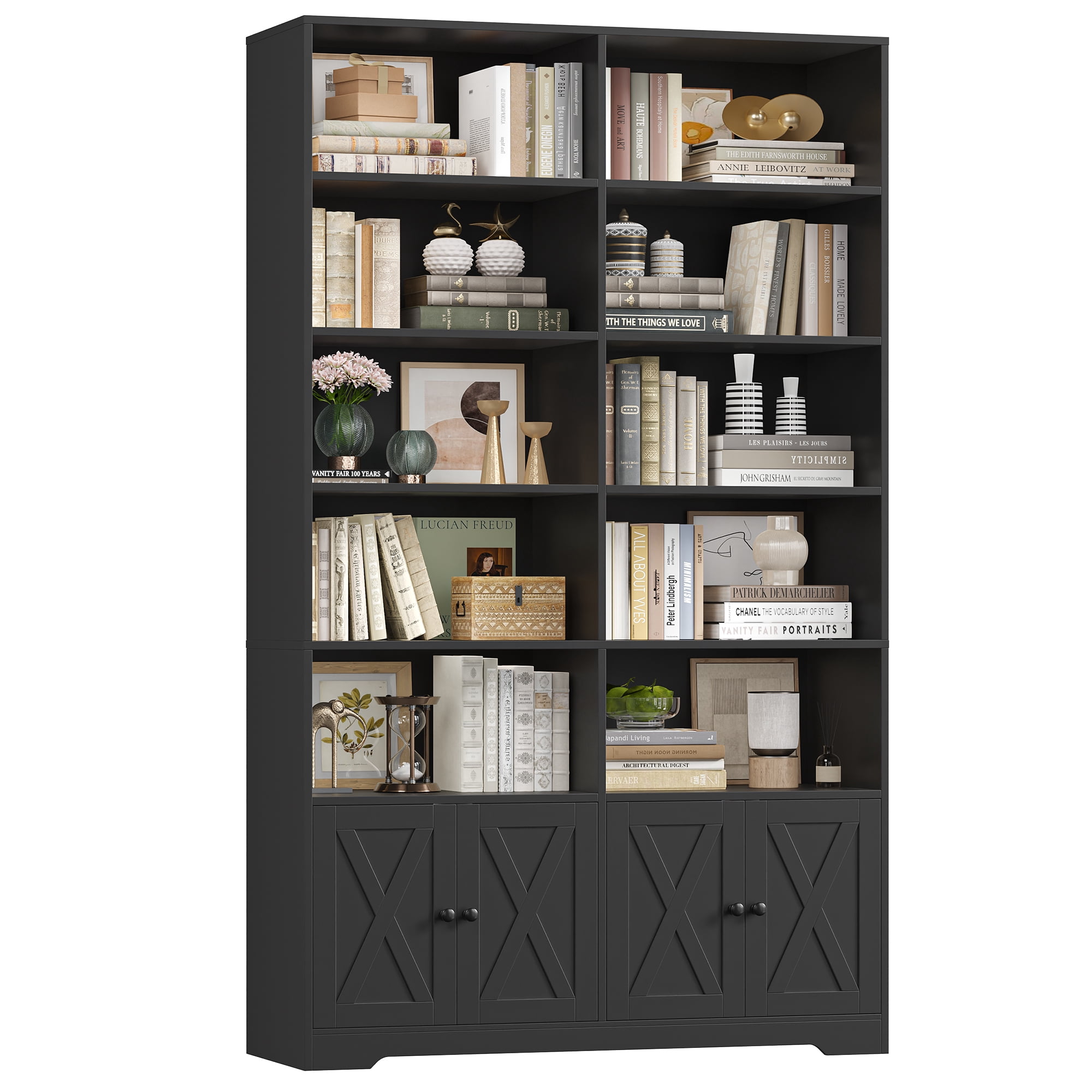 Hiphuta 78"H x 47"W Bookcase with Doors, Tall Bookshelves with Storage, 5-Tier Shelves Freestanding Display Bookcase for Home Office and Living Room, Black