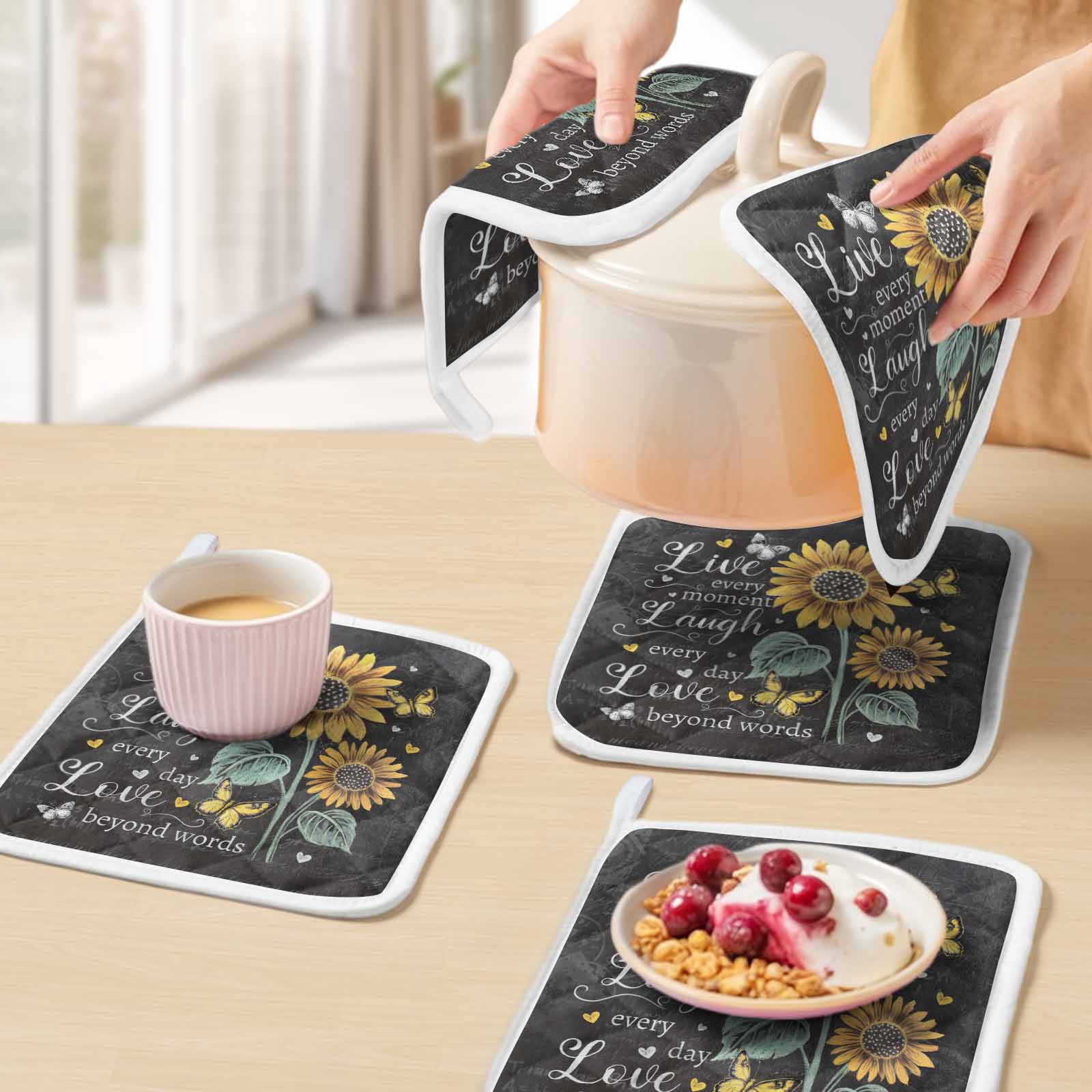 Retro Sunflower Pot Holders for Kitchen Heatproof Potholder, 5 Pack Spring Summer Farmhouse Floral Butterfly Hot Pads Multipurpose Oven Pads Cloth Potholders Trivet for Cooking Baking