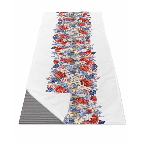 Blue Red Yoga Mat Towel Absorbent Yoga Sweat Towels Microfiber Hot Yoga Blanket for Bikram Pilates 4th of July Yoga Towel for Hot Yoga Non Slip, Independence Day Flowers Red Blue 26"x74"
