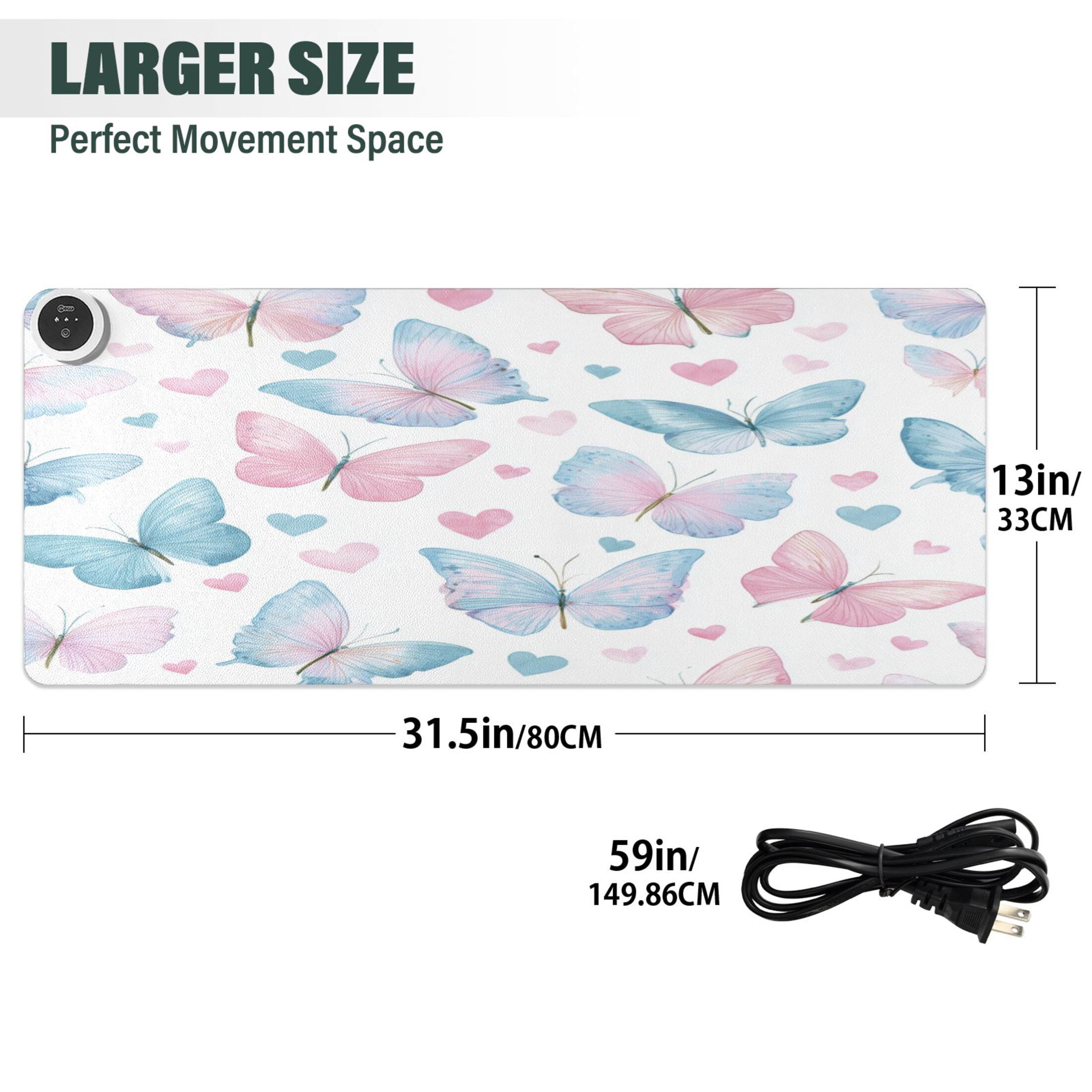 Large Heated Desk Mat Mouse Pad 31.5"x13"PU Leather Graphene Heating Desk Warmer with 3 Temperature Settings 110V US Plug Non-Slip Warm Pad for Home, Office, and Gaming Gentle Pastel Butterfly Print