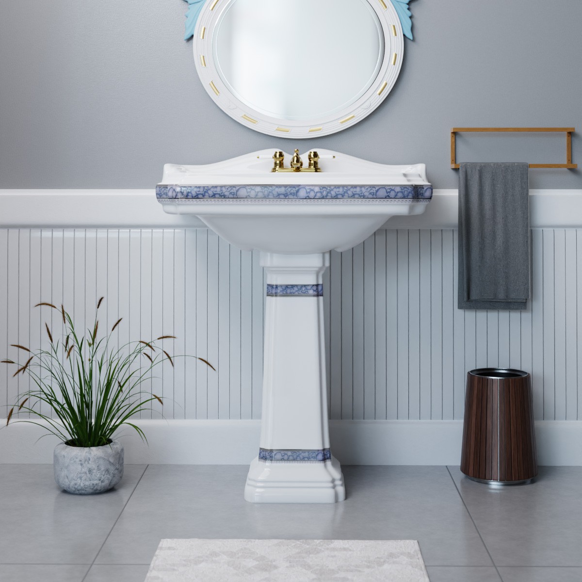 India Reserve Bathroom Pedestal Sink Blue and Gold Accent Porcelain Washbasin w/Overflow & Centerset Faucet Holes| Renovators Supply