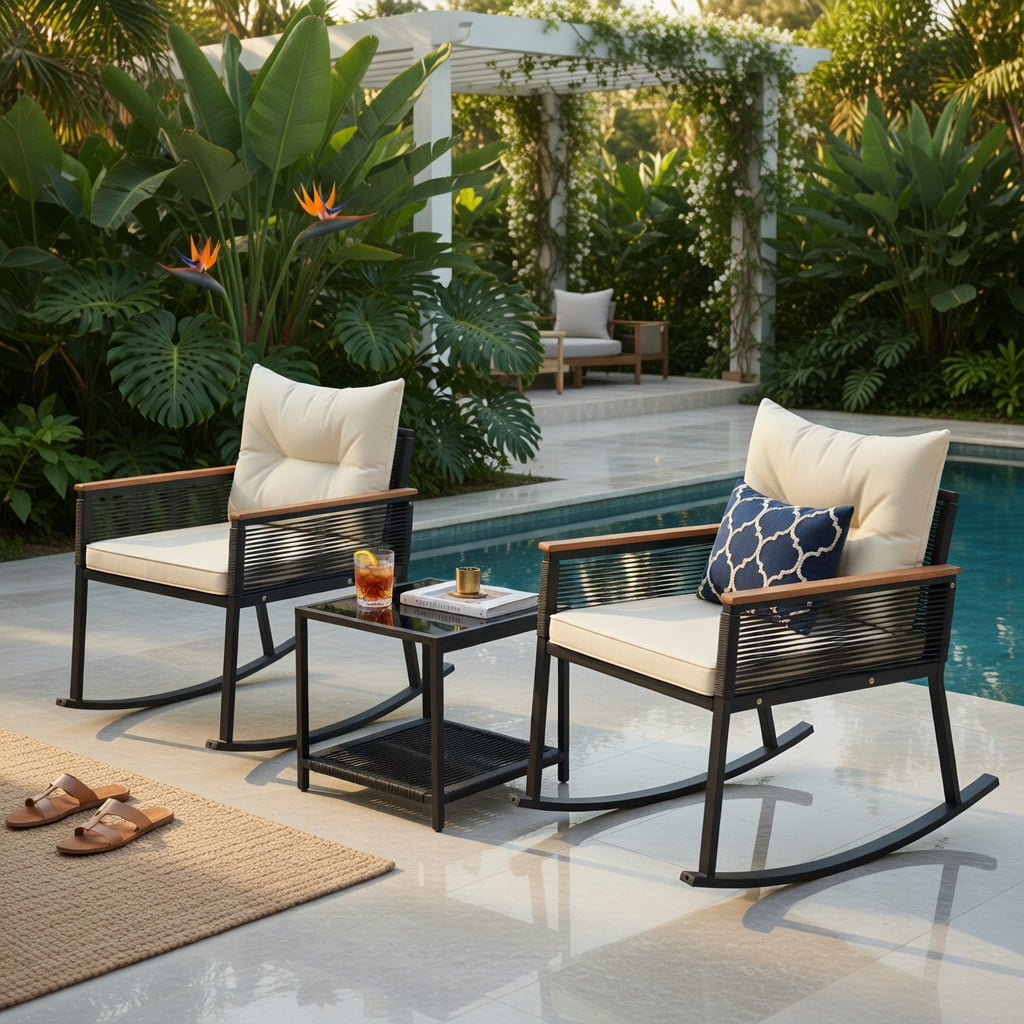 Hommoo 3-Piece PE Rattan Outdoor Rocking Bistro Set with Cushions, Tempered Glass 2-Tier Coffee Table & Acacia Wood Armrests for Patio, Porch, or Garden, Black