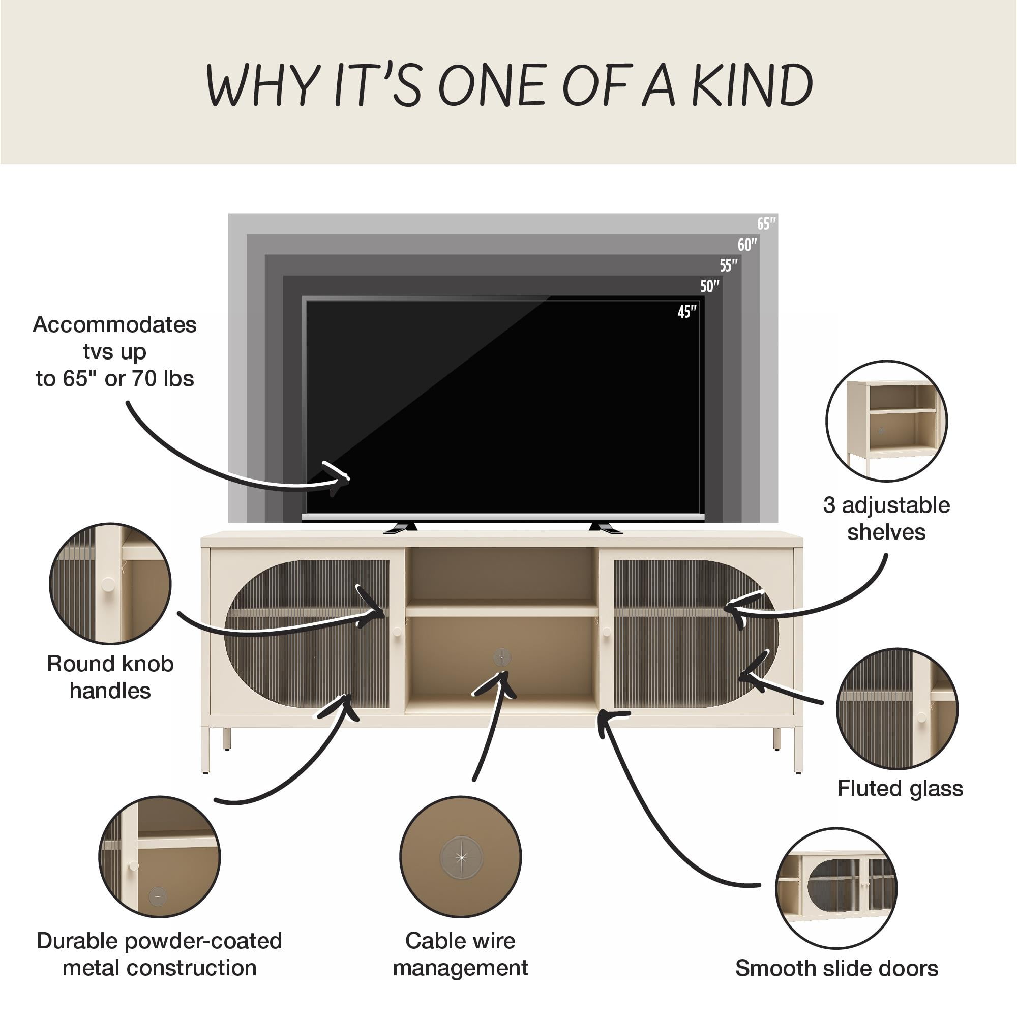 Mr.Kate Luna Metal TV Stand with Fluted Glass for 65" TVs, Parchment