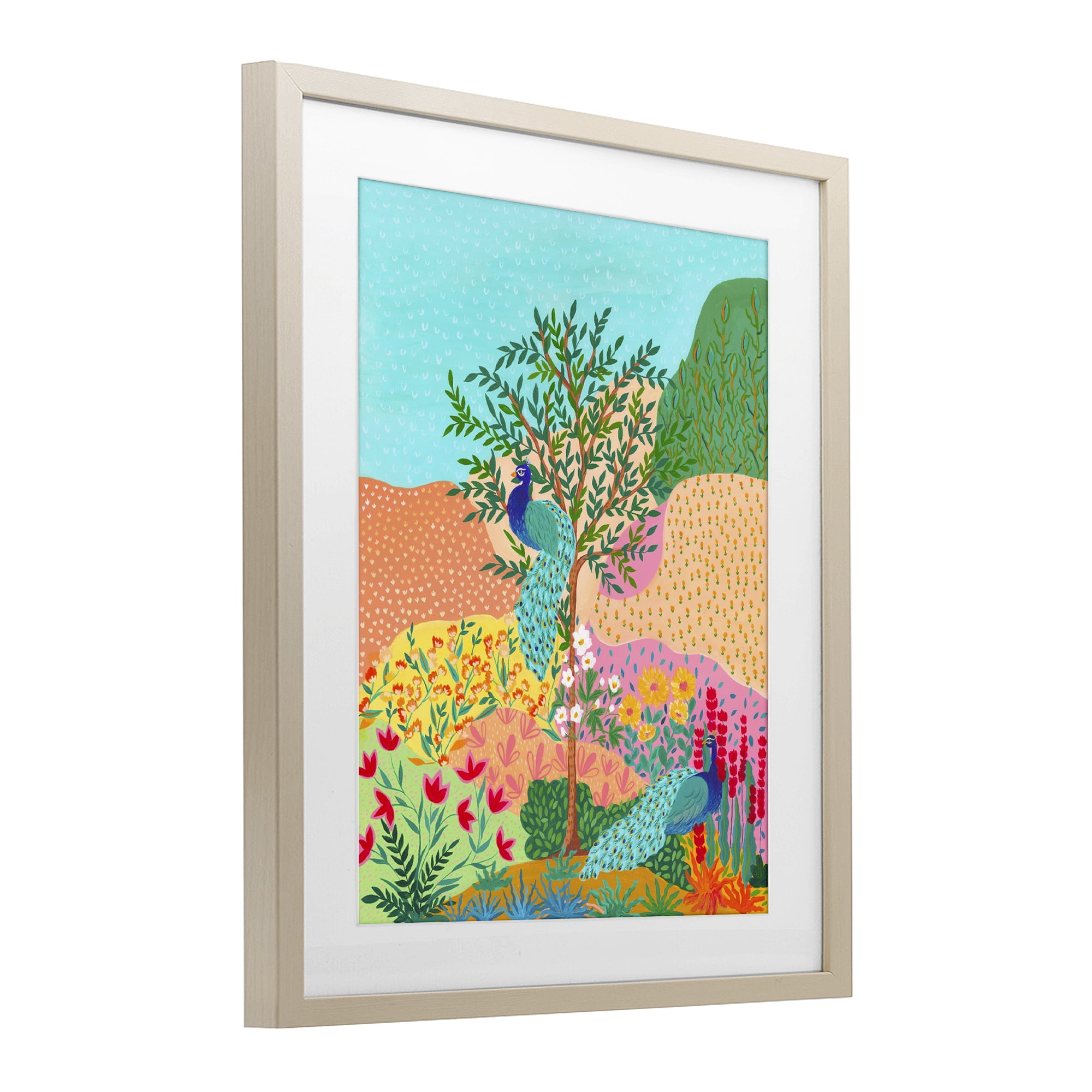 Stupell Industries Peacocks in Dotted Meadow Birch Framed Print Under Glass, design by Nabeela Rumi