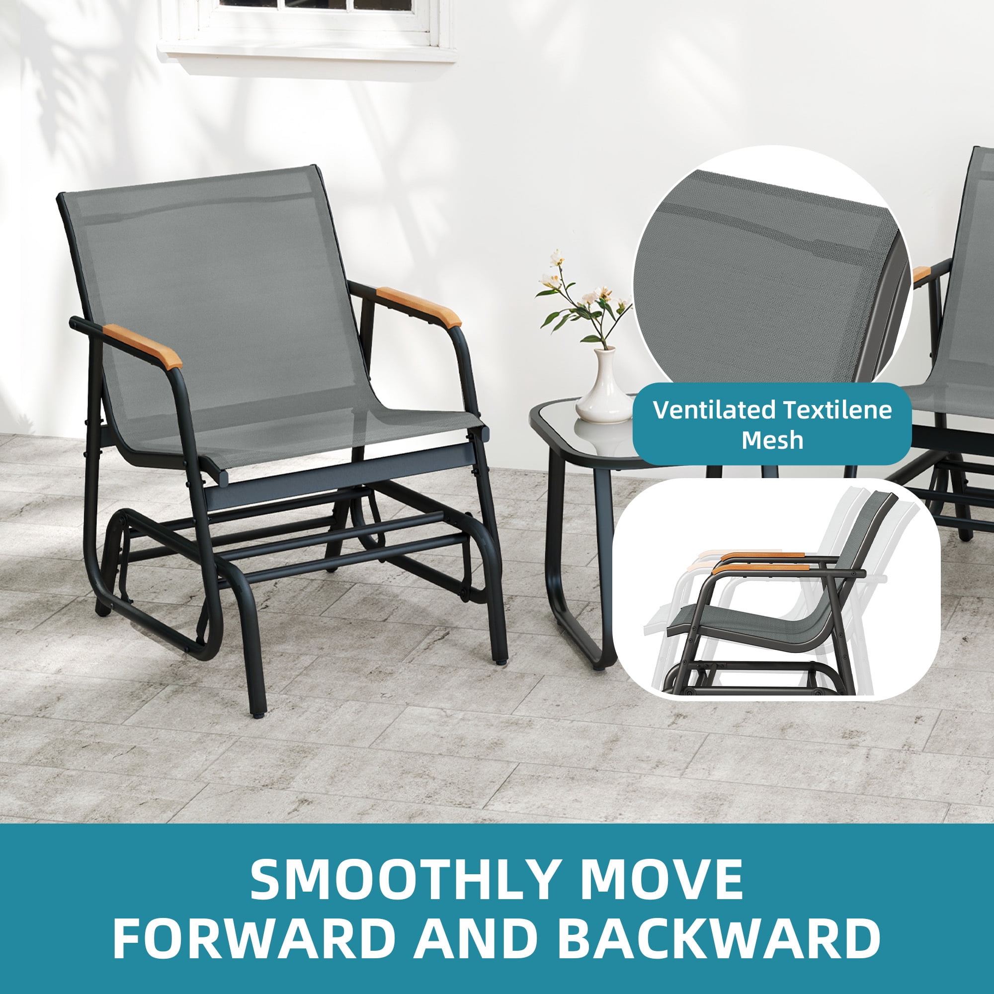 Uforic 3-Piece Patio Furniture Set, Outdoor Textilene Glider Bistro Set with 2 Glider Chairs & Tempered Glass Coffee Table, Heavy Duty Outdoor Seating Set for Backyard, Garden, Balcony, Gray