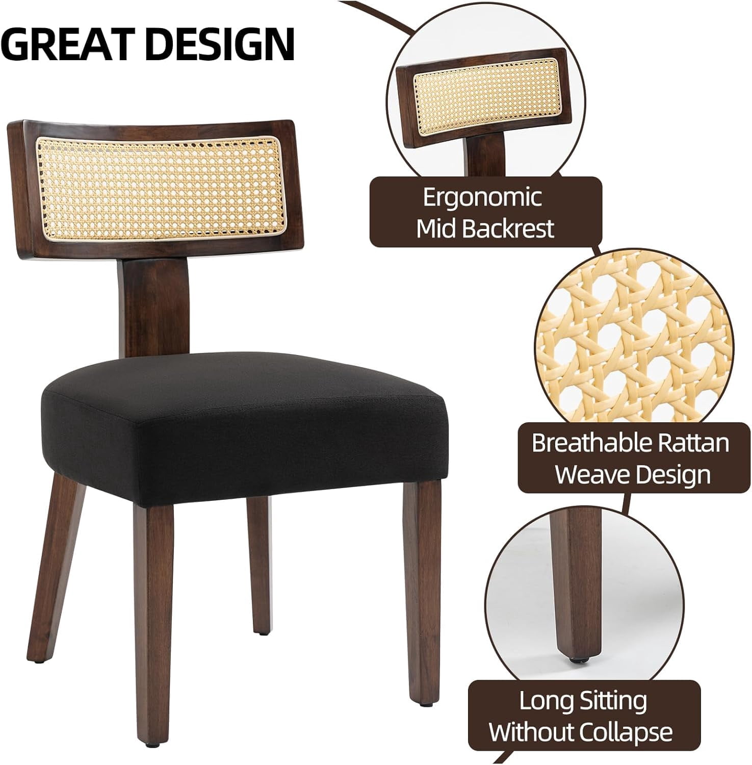 Newnno Rattan Dining Chairs Set of 4, Mid-Century Modern Kitchen & Living Room Chair with Cane Curved Back & Hardwood Frame in Dark Walnut Finish, Black Linen Upholstered