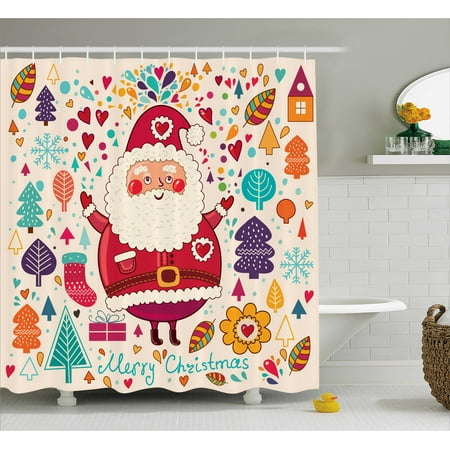 Christmas Decorations Shower Curtain, Jolly Santa Theme Vintage Style New Year Tree Leaves Hearts Autumn