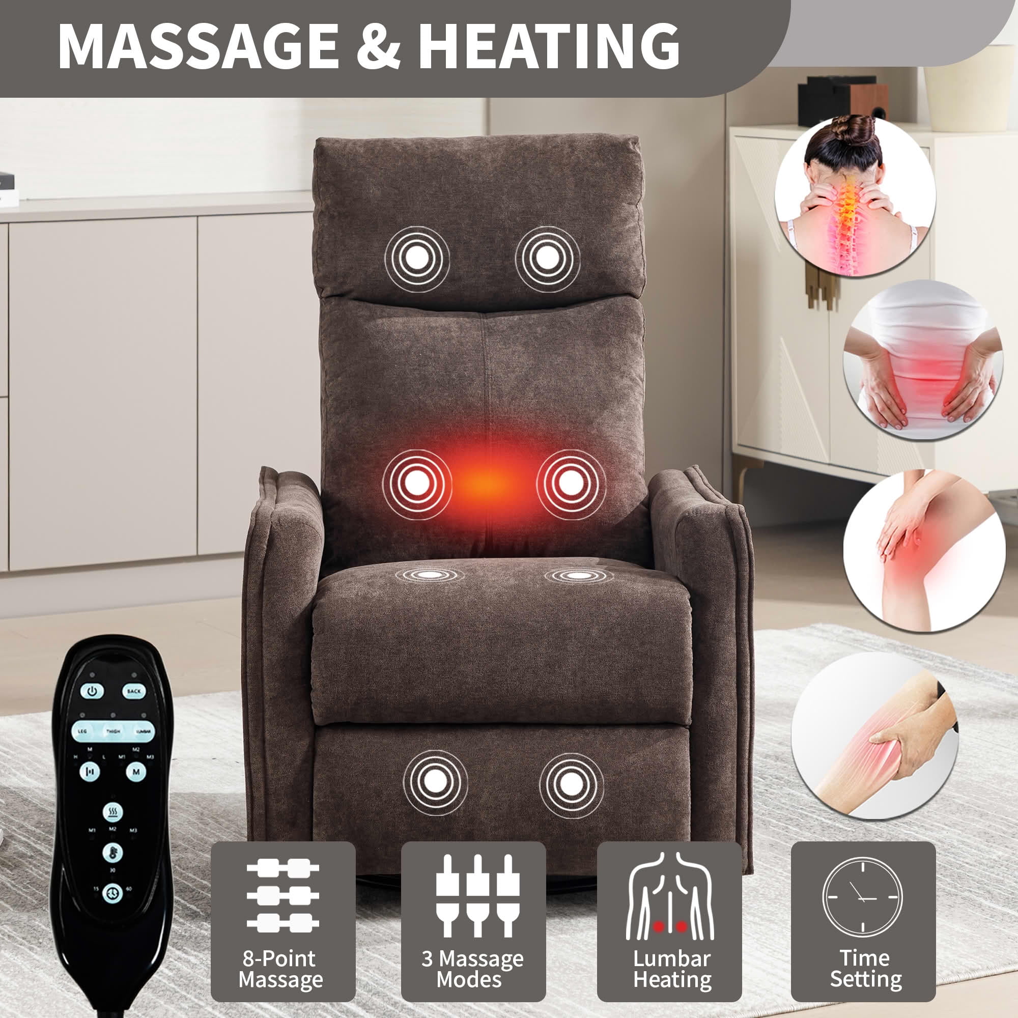 MAYEERTY Brown Heat Massage Recliner Chair, 360° Swivel Rocker 27"x36"x40" for Living Room