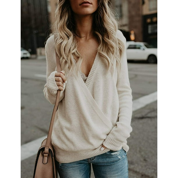 Women Long Sleeve Deep V Neck Knit Sweater Wrap Front Loose Tops