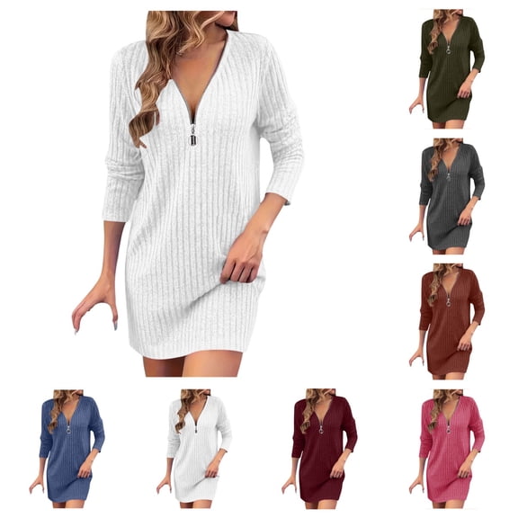 SAWOBUUN Womens Zipper V Neck Casual Slim Fit Sweater Dress Long Sleeve Solid Sweaters Ribbed Knit Mini Dress
