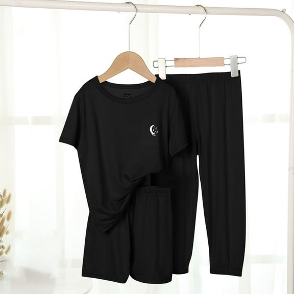 ATOGUTA Kids Pajamas Set Boys Girls 3T-12 Summer Short Sleeve with Shorts and Pants 3PCS Sleepwear Cute Loungewear Black