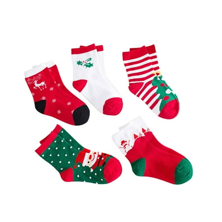 

FleinngHoz 5 Pairs Lovely Children Cartoon Christmas Printed Socks Kids Mid Calf High Socks Comfortable Socks New Year Gift