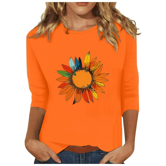 Wanfds Orange Ladies Tops Short Sleeve Round Neck Three-Quarter Sleeve Top S