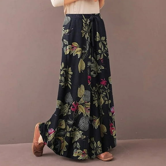 Women's Floral Pants - High Waisted Wide Leg Beach Pants with Pockets & Elastic Waist for Summer