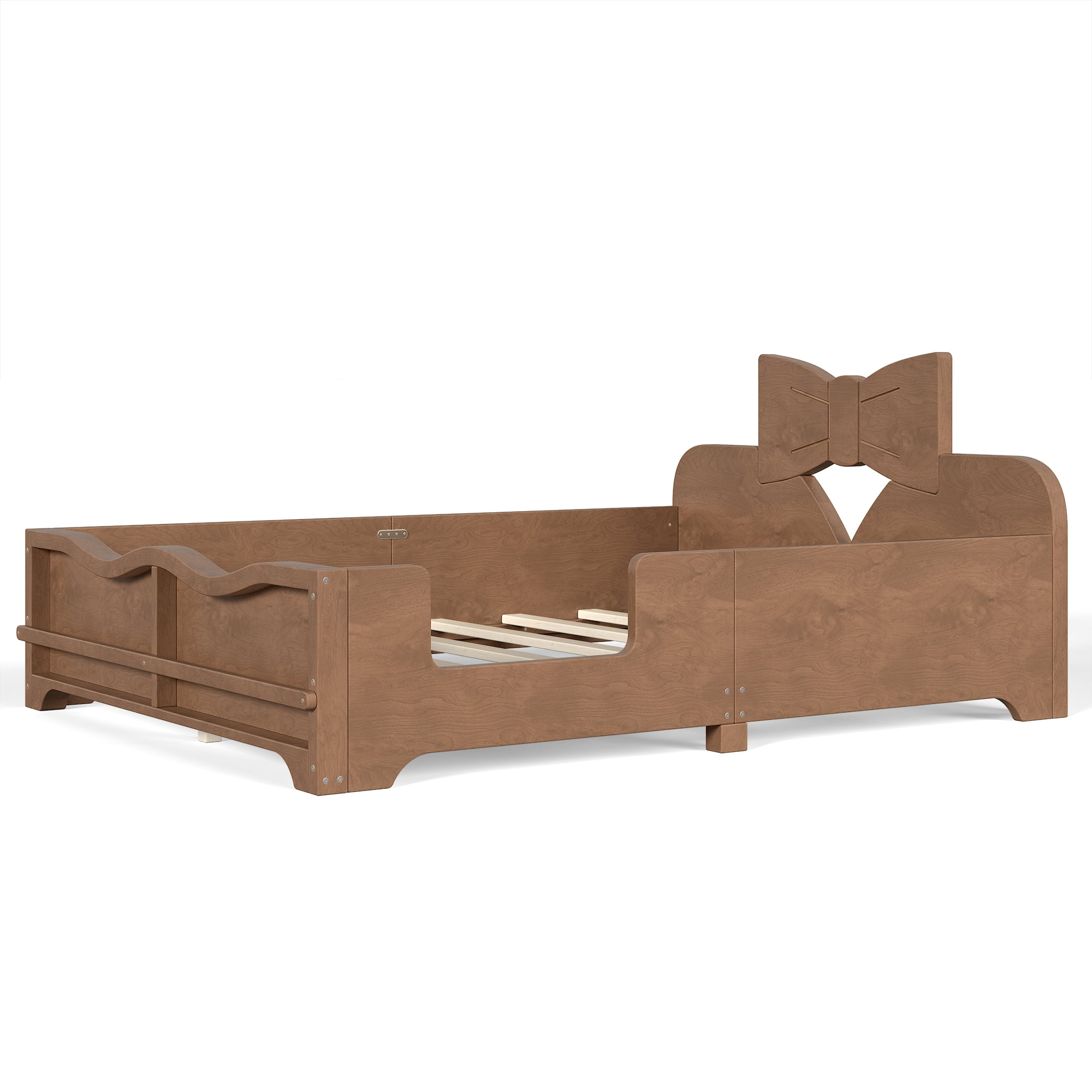 Full Size Kids Platform Bed 78 Inch, Bowknot Headboard with Surround Guardrails and Built In Bookshelf, No Box Spring Needed, Deep Natural