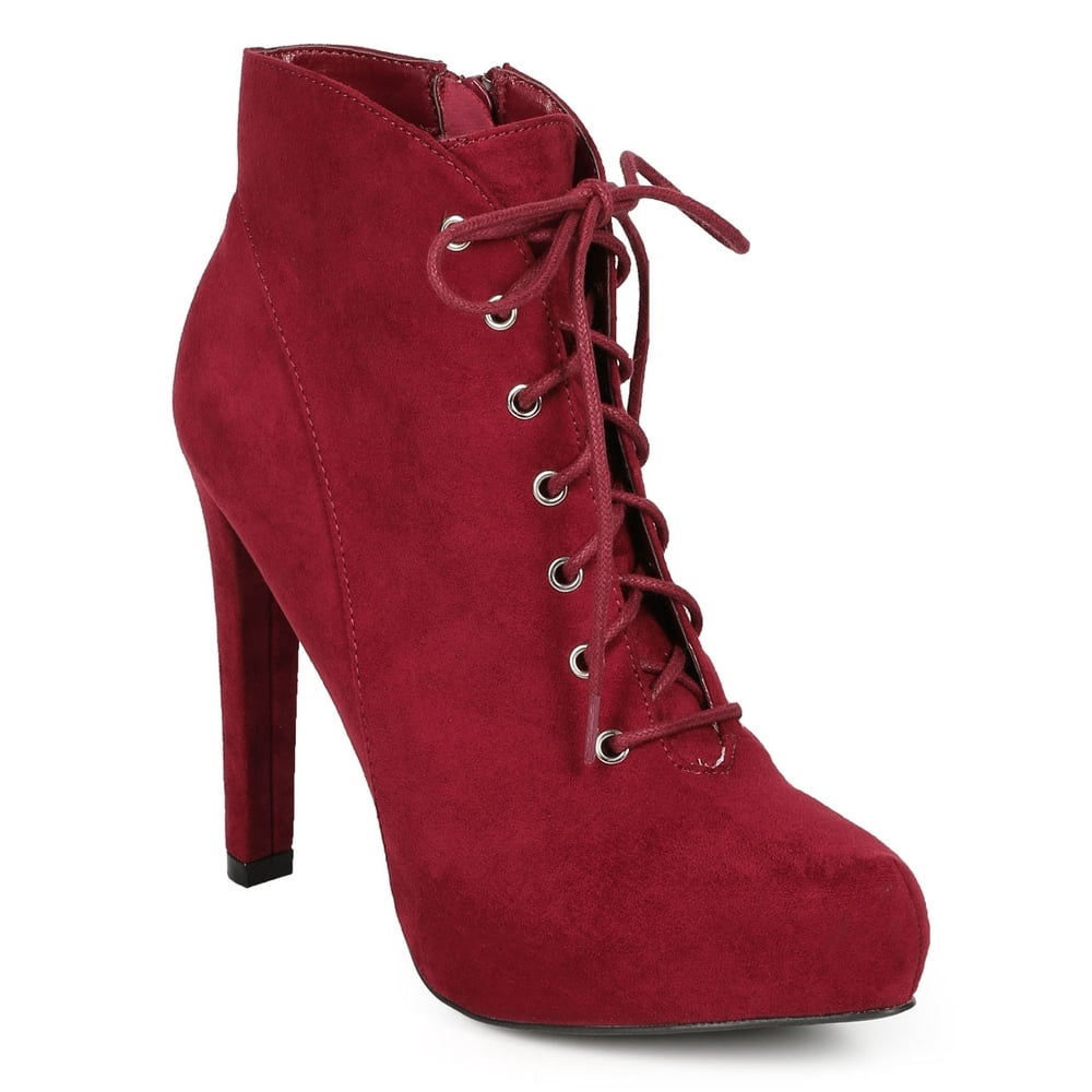 Qupid - Women Suede Almond Toe Lace Up Stiletto Ankle Bootie CH82 ...
