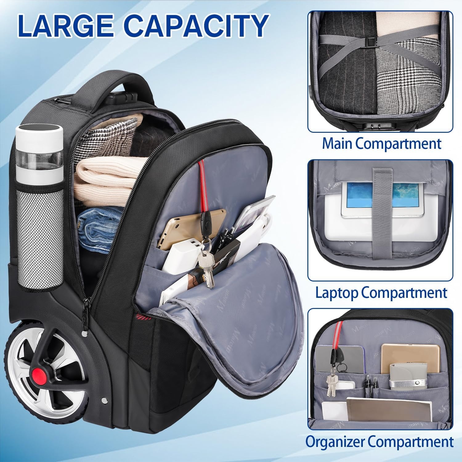 Matein Travel Best Backpack With Usb Charger Matein Rolling Travel Backpack  For Adults, 17 Inch Laptop Backpack