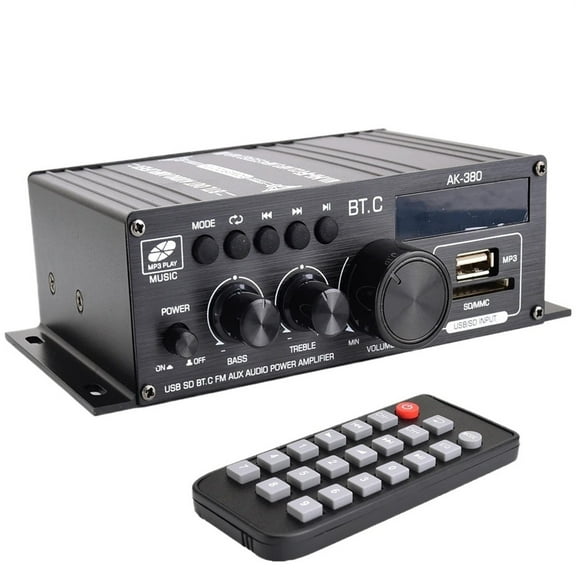 AK380 HIFI Amplifier Home Digital Channel 2.0 40W 40W Music Player Support FM USB SD Bass and Treble 12V3A ,Low Profile Design