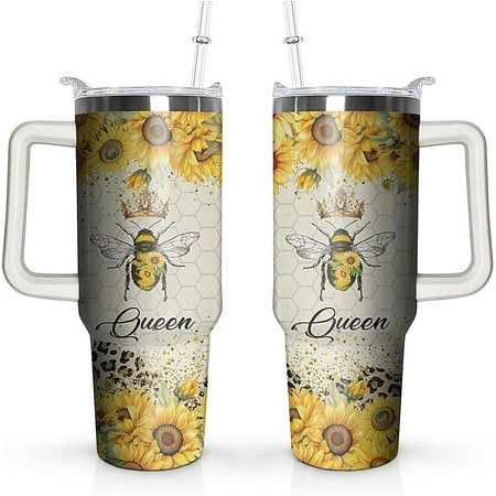 

40 oz Bee Tumbler with Handle and Straw Lid Leak Proof Travel Stainless Insulated Tumbler Cup Holder Friendly Perfect for Outdoor Travel Car and Sports