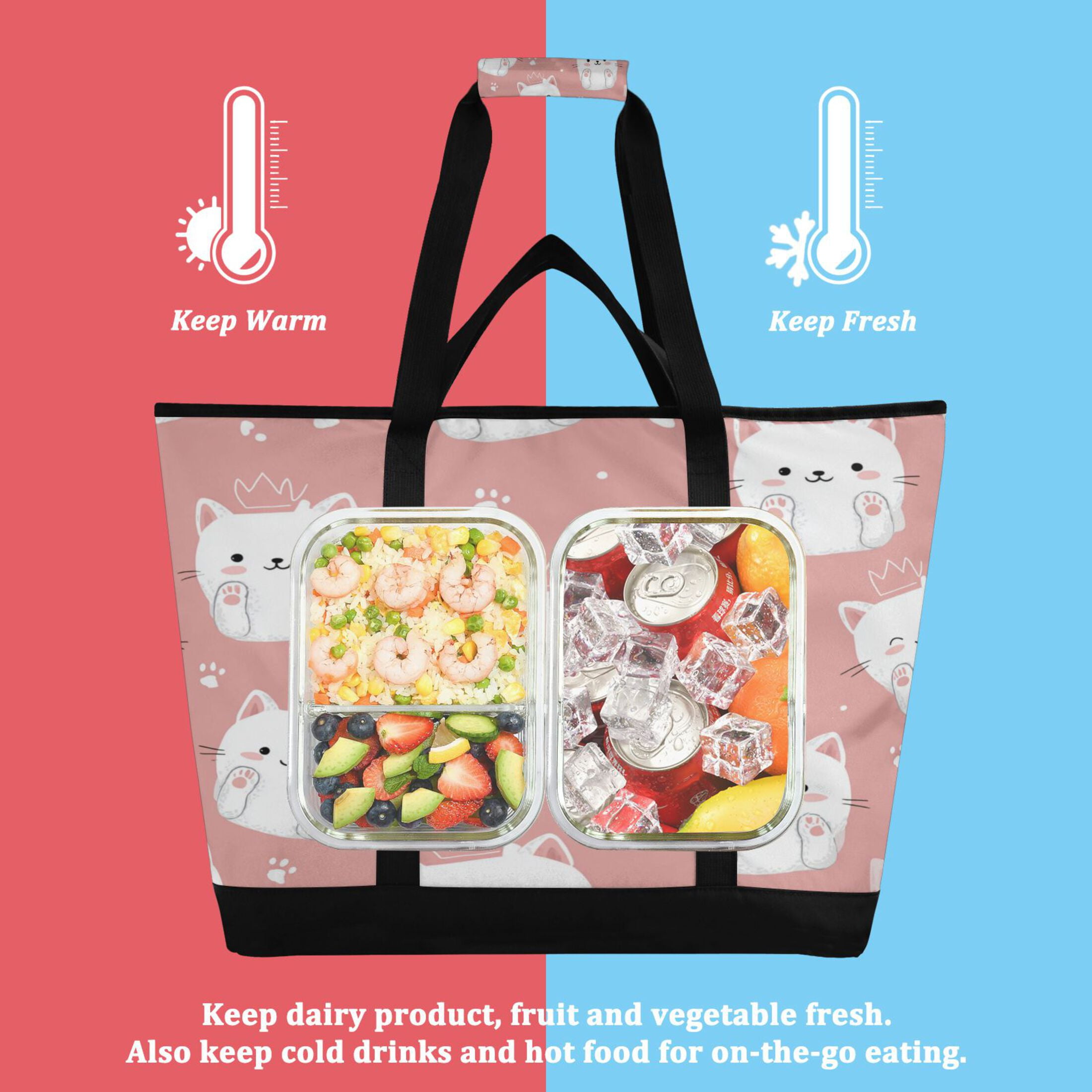 Extra-Large Wide Opening Design Capacity Hand-Held Ice Pack Thickened Insulation Layer For Long-Lasting Cold Retention For Outdoor Shopping Picnics And Camping Kawaii White Cats