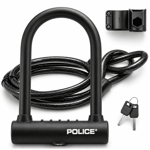 POLICE U-Lock Bike Lock with Key, U-Lock for Bicycles, Lock for Scooters, Outdoor Equipment Silicone-Coated Bike Lock with Cable Heavy Duty Black