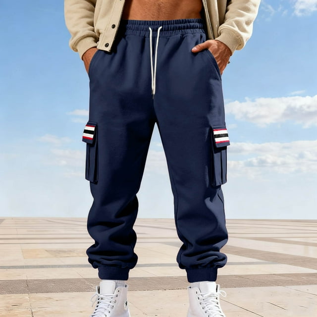 Ceisia Men Solid Color Loose Casual Pants Elastic Waist Drawstring Sports Gift Work Trousers
