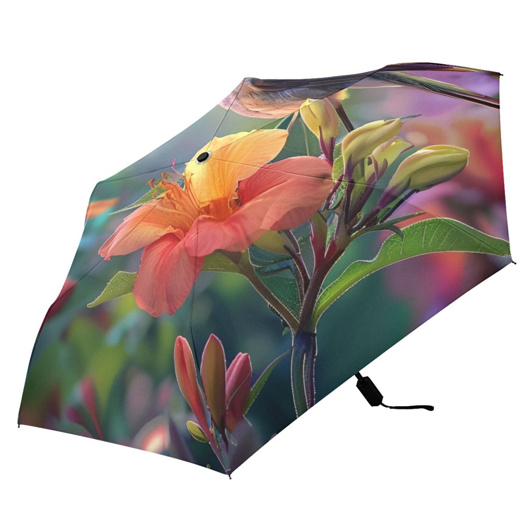 Birds in Florals All Weather Umbrella Triple Folding Parasol 6 Ribs UV Protection Portable