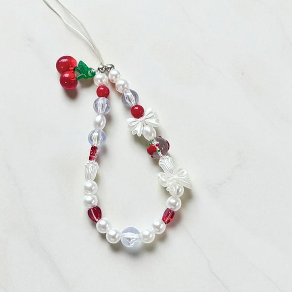 1pc Cherry Beaded Phone Charm Bracelet Keychain Camera Pendant with Bow Decoration