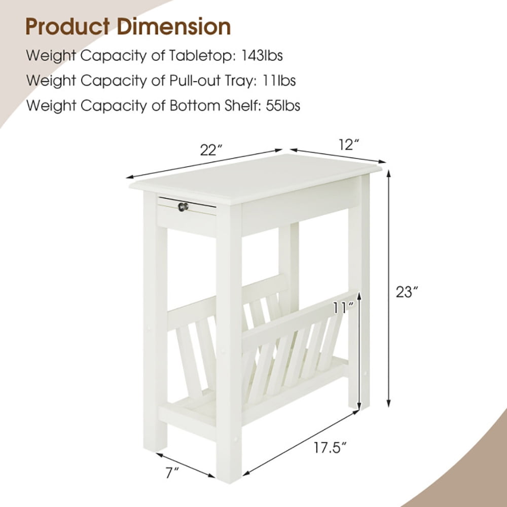 Finihen End Table, 2-Tier End Table with Pull-out Tray and Solid Rubber Wood Legs, Sofa Side Table, Bed Side Table, for Living Room, Bedroom, White Finihen End Table, 2-Tier End Table with Pull-out Tray and Solid Rubber Wood Legs, Sofa Side Table, Bed Side Table, for Living Room, Bedroom, White
