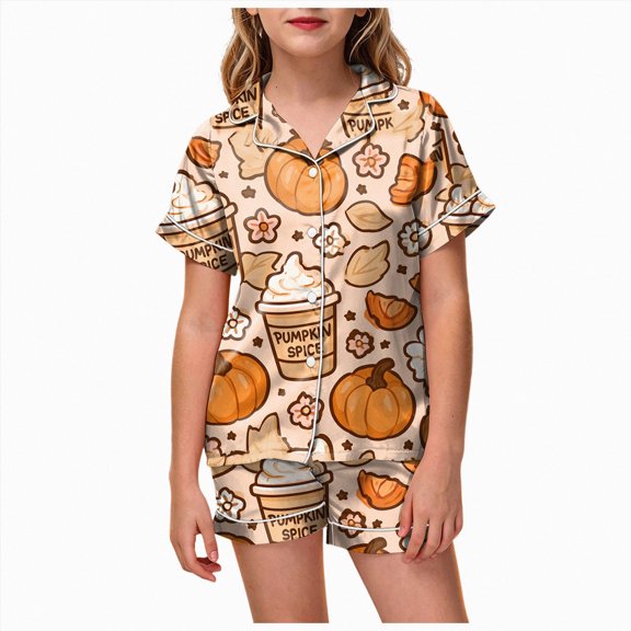 KPOPLK Girl's Halloween Pajamas Set Kids Girls Short Sleeve Button Down Shirt and Shorts Pjs 2Piece for 2-13Years,Size 6-7 Years