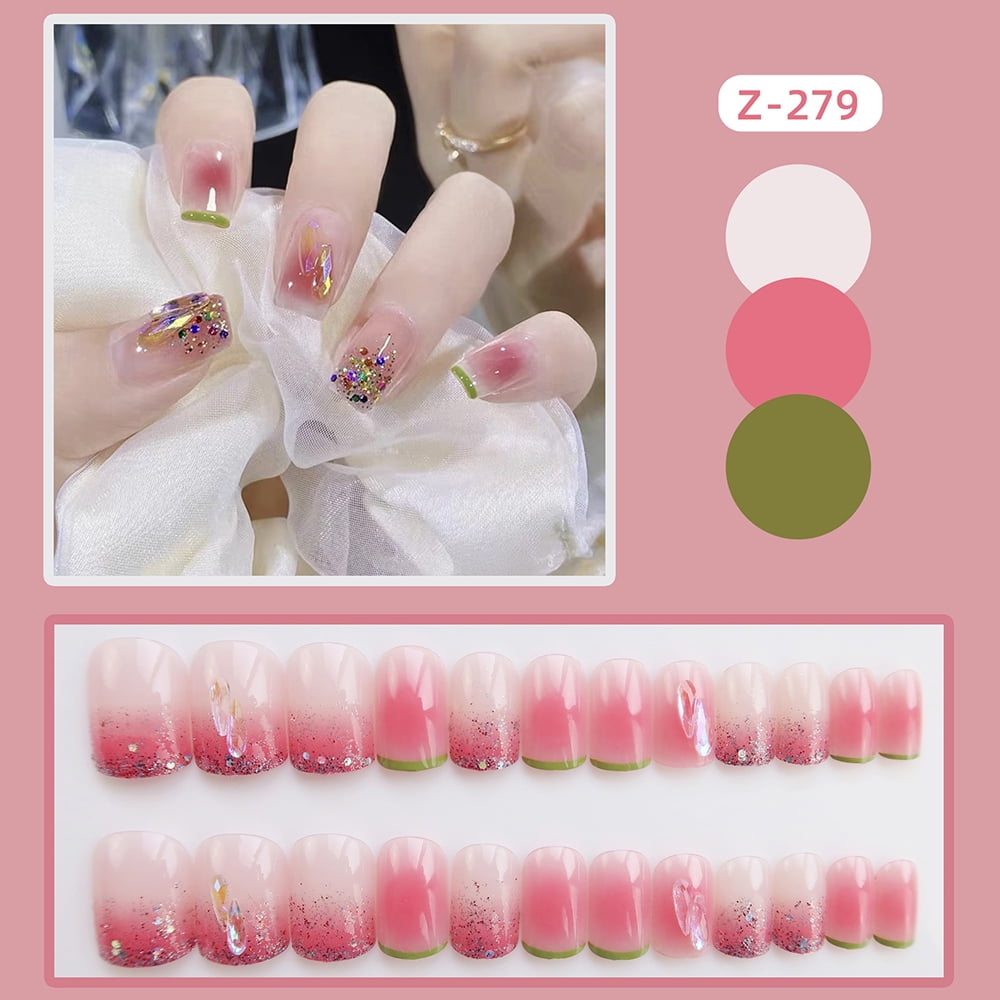 False Nail Salon Set Aurora Style Nude Color Nail with Colorful Sequins ...