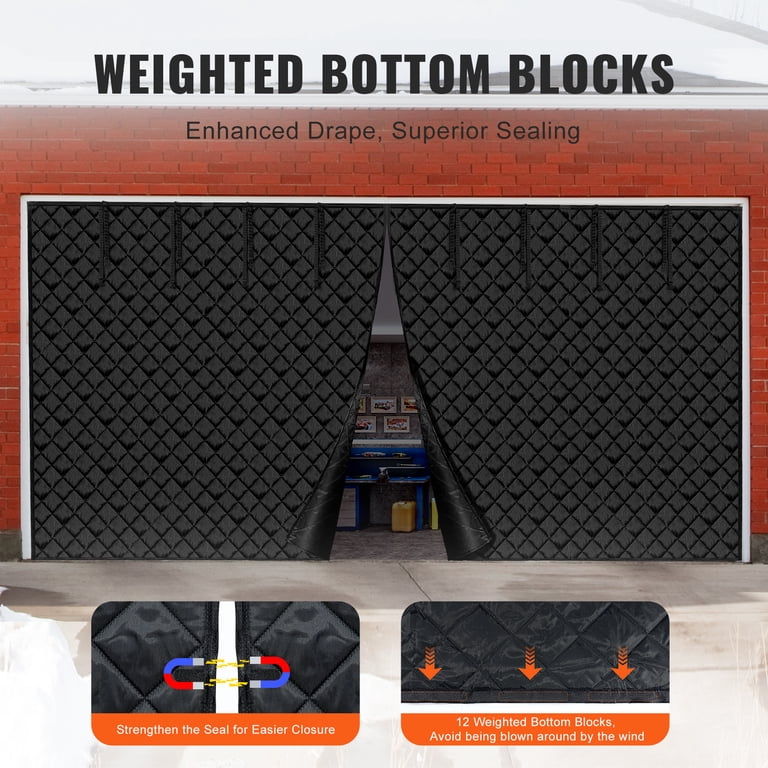 Garage Door Insulation Curtain – Magnetic Thermal Screen, 16x7 FT Black Cotton Fabric, Tab Top, Waterproof, For Winter