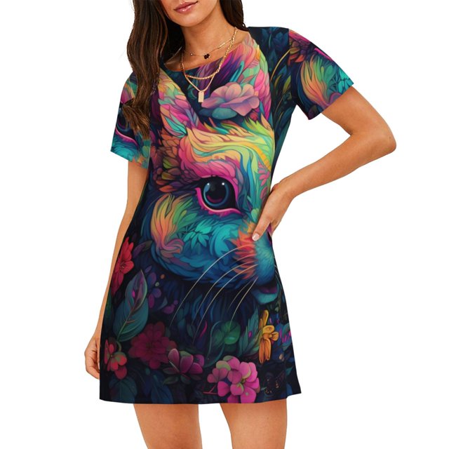 Disketp Colorful Patterned Rabbit para Camisón Corto de Manga Corta para Mujeres, Camisón Cómodo con Escote Redondo, Bonito y Confortable
