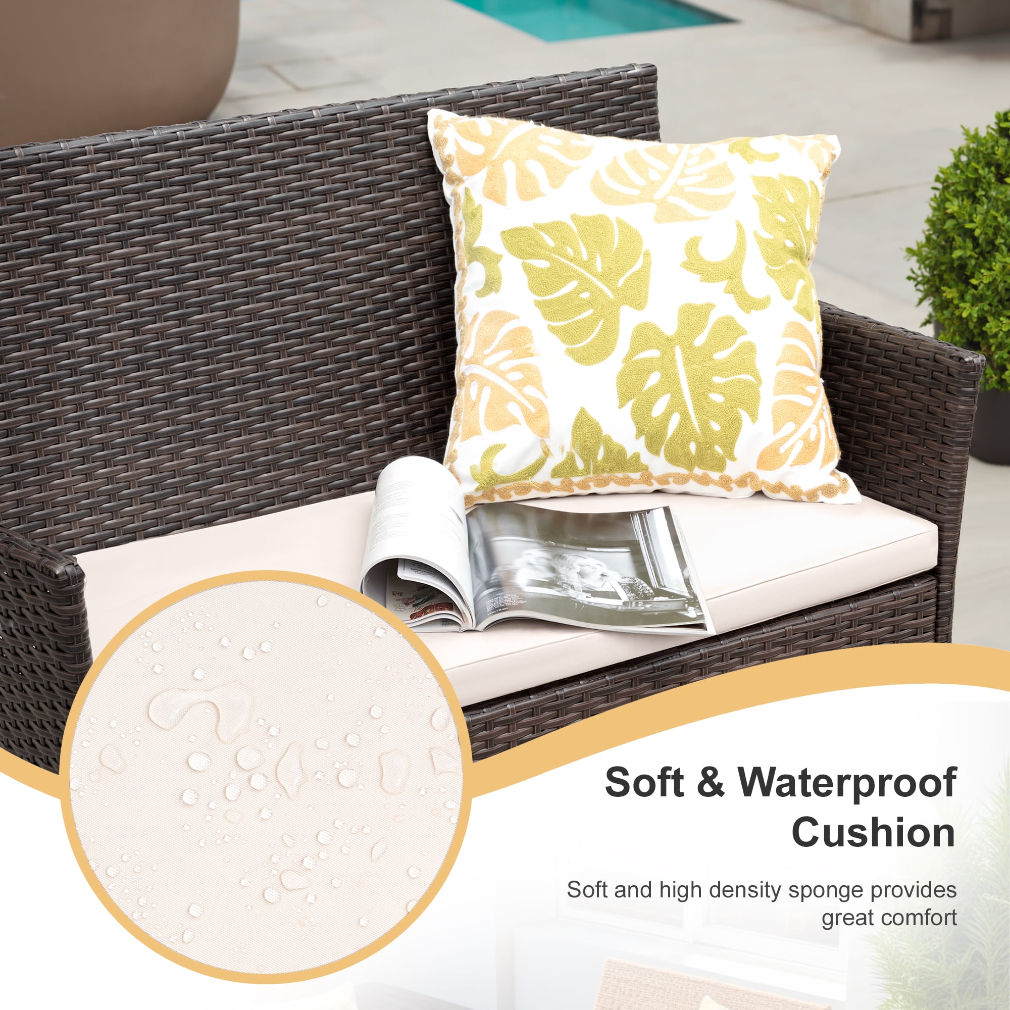 Lacoo 4 Pieces Patio Furniture Set Outdoor Conversation Wicker Rattan Chairs Seating with Cushion and Glass Table Weather-Resistant for Garden Backyard Porch, Brown