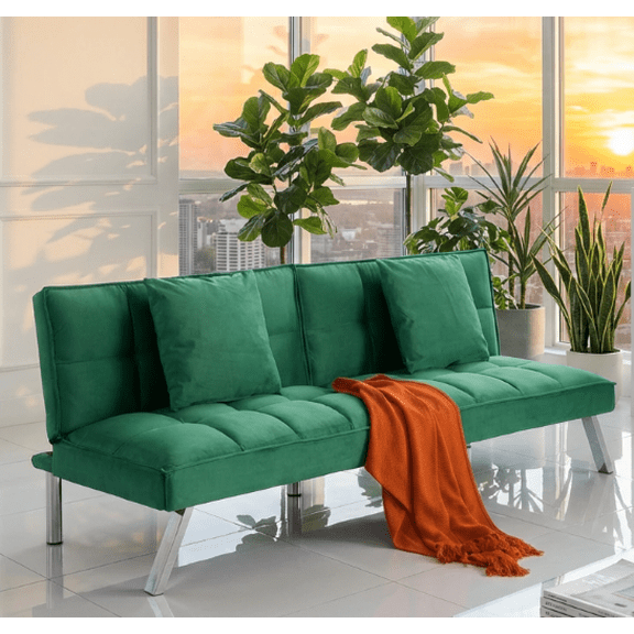BSHTI Modern Velvet Futon Sofa Bed with 2 Pillows, Convertible Sleeper for Living Room, Office,Guest Room(Green)