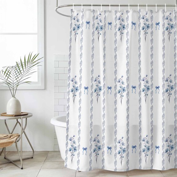 Blue Flowers Shower Curtain Set, Waterproof Shower Curtains for Bathroom, Spring Floral Bows Minimalist Botanical Washable Fabric Cloth Bath Curtain for Bathtub Decoration with Hooks 72x78 Inches