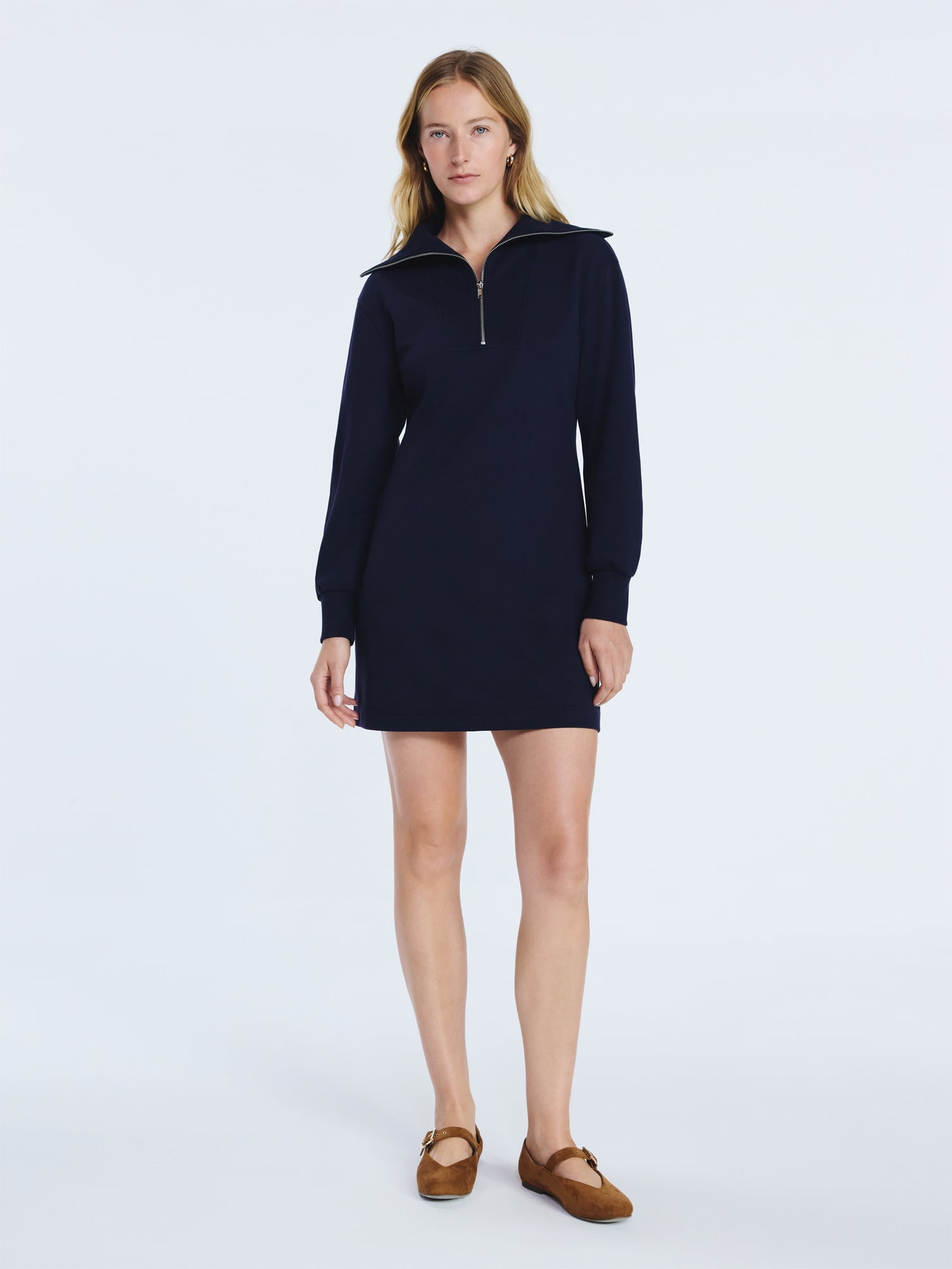 Free Assembly Women's and Women's Plus Half Zip Mini Dress with Long Sleeves, Sizes XS-4X