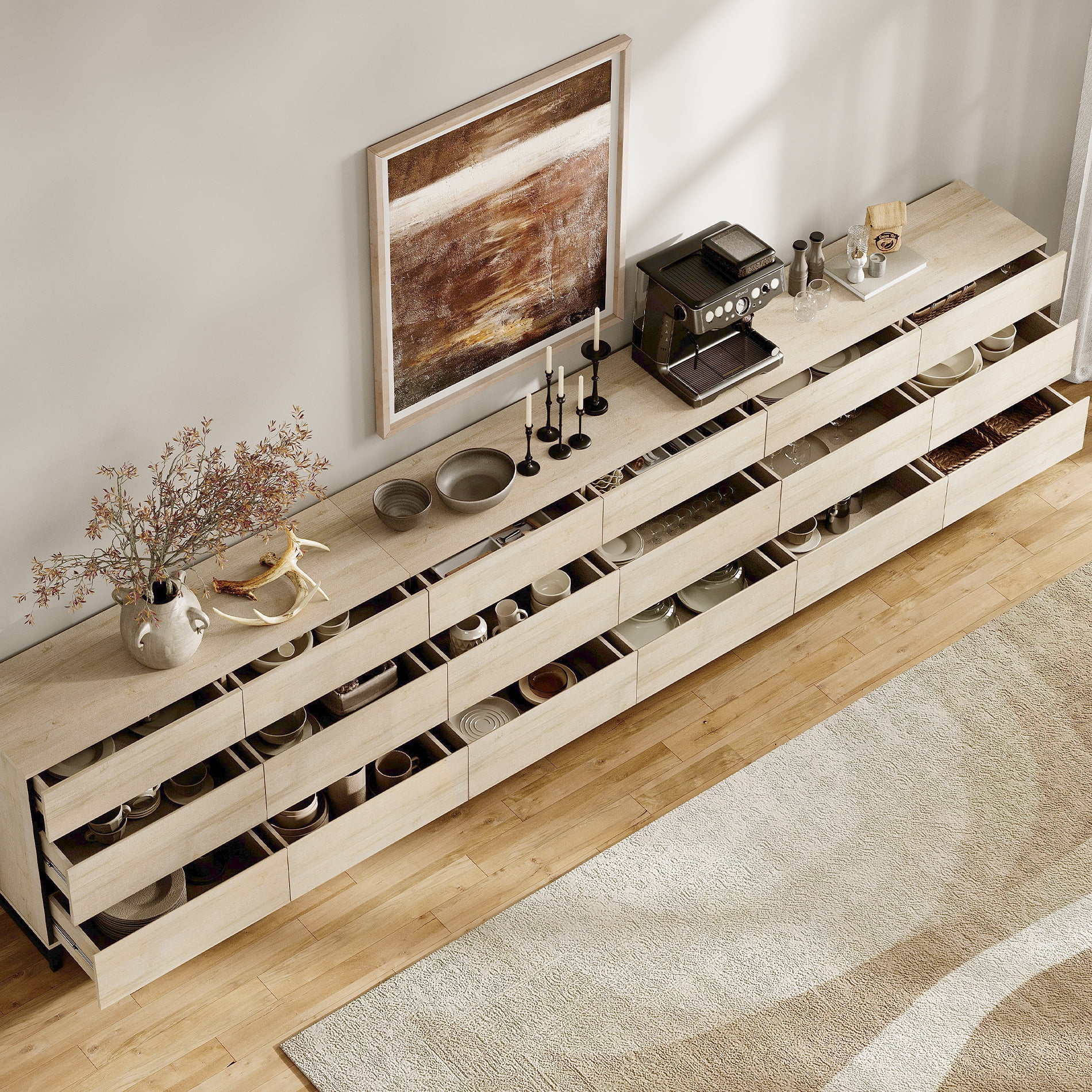 Modern TV Stand with 18 Drawers and Sturdy Metal Base, Entertainment Center Media Console for Living Room and Bedroom, Fits TVs up to 120 Inch, Beige