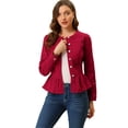 thumbnail image 3 of Chaqueta de mezclilla con cuello redondo y botones de manga larga con volante recortado y peplum para mujer Rojo oscuro L, 3 of 6